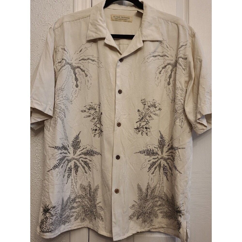 Island Republic Hawaiian Men’s LG Shirt 100% Silk Cream Short Sleeve Palm Trees